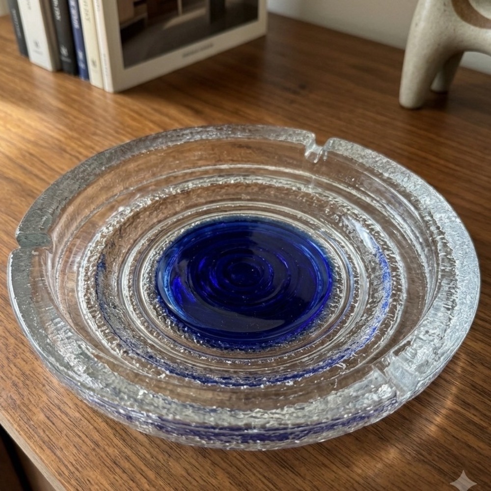 Blenko 793L Cobalt Blue Center Ashtray Crystal Glass Mid Century Modern HTF